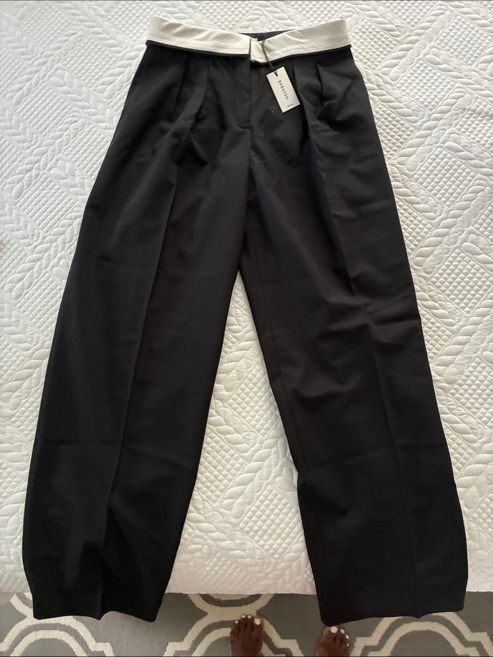 Babaton Black Wide-Leg Trousers with Cream Waistband Accent